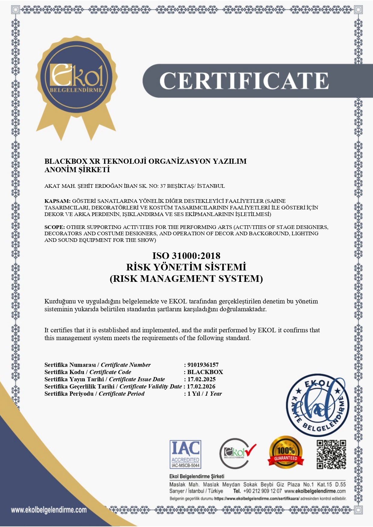 ISO 31000:2018 Risk Yönetim Sistemi Sertifikası